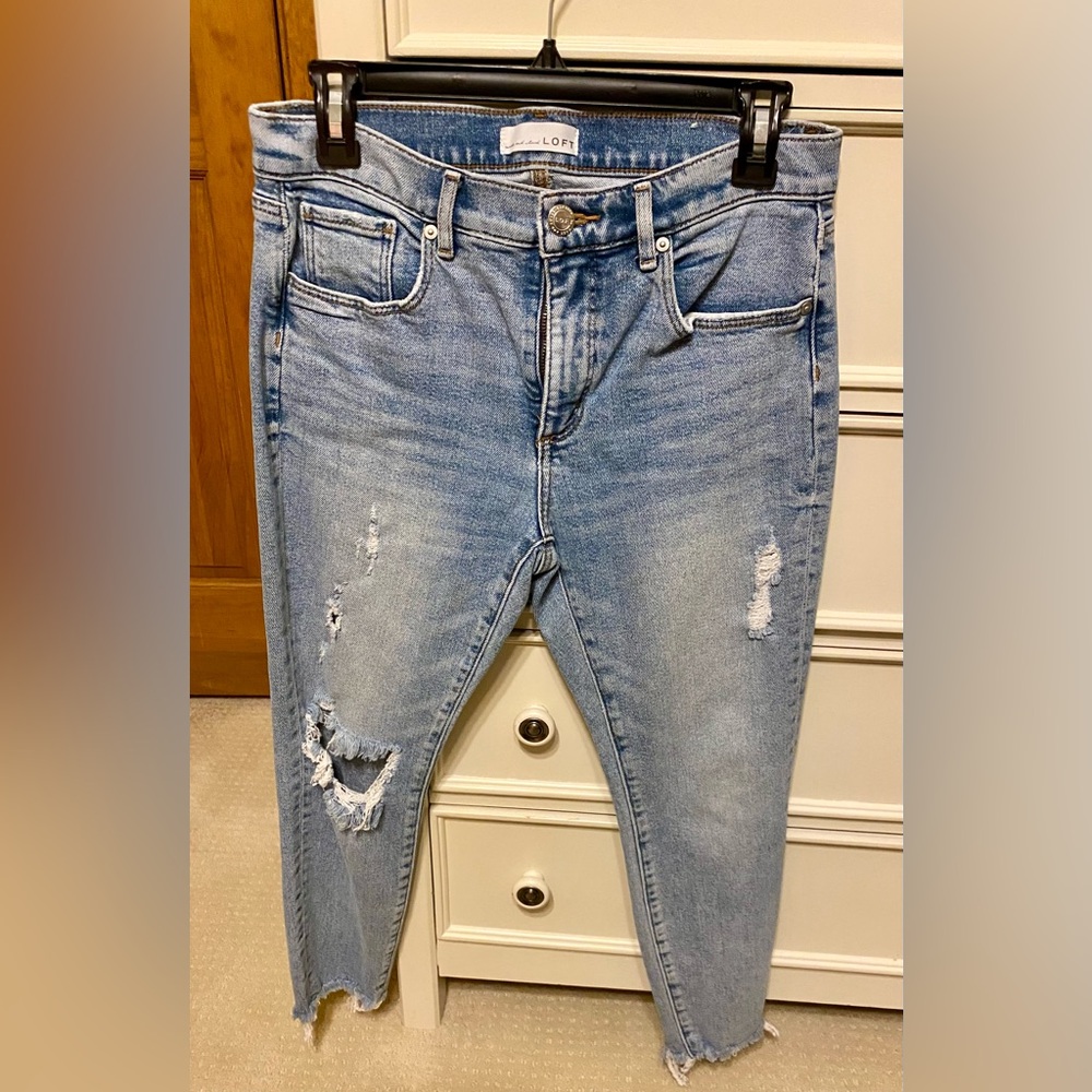 LOFT Blue Skinny Distressed Jeans 29/8 Petite Frayed Hem
